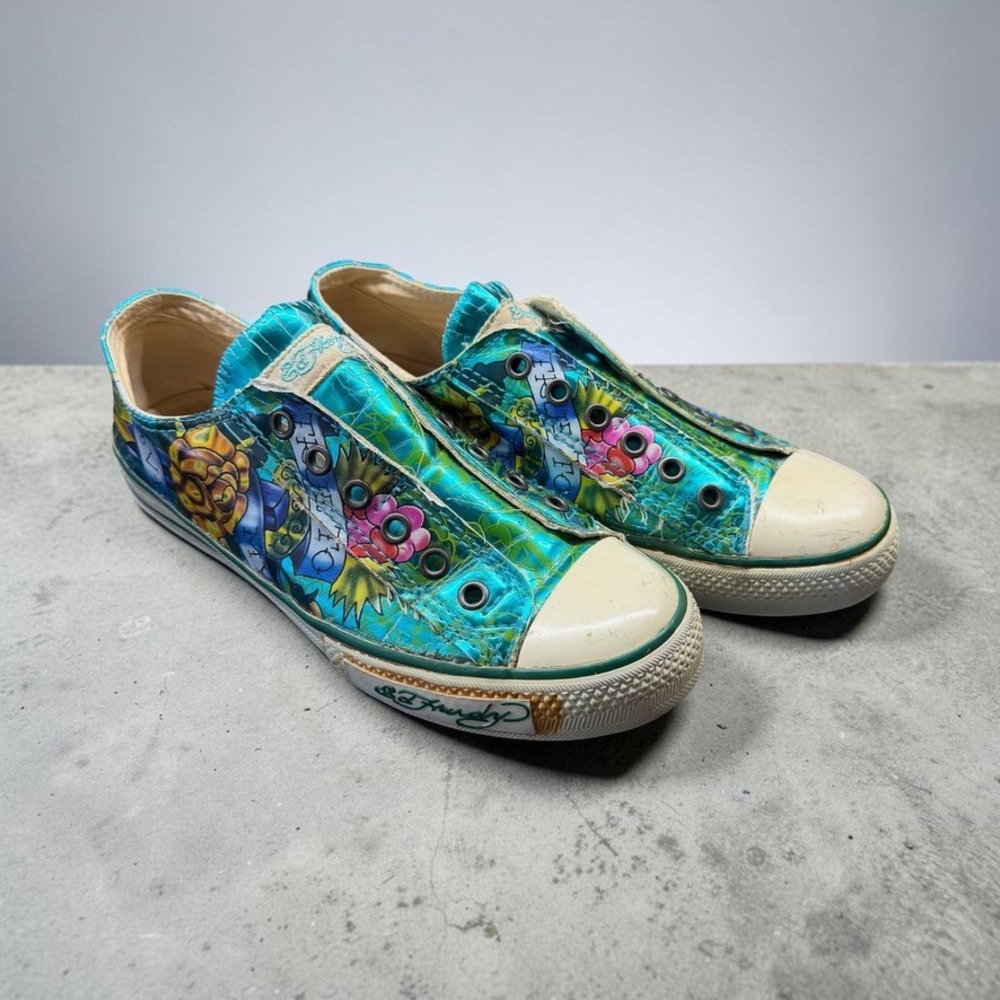 Ed Hardy Green Metallic Glitter True To My Love Tattoo Shoes Low Rise Slip On 8